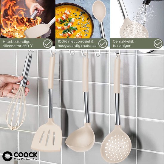 COOCK Siliconen Keukengerei Set met Houder XL - Kookgerei Set 26 delig - BPA-Vrij & Plastic Vrij - Ophangbaar - Incl. Opener - Beige