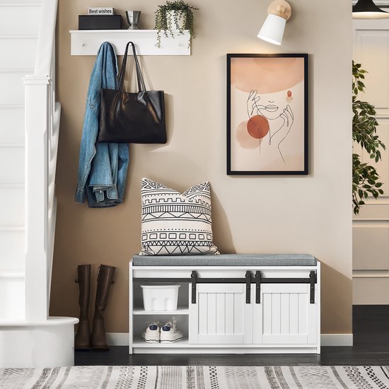 SoBuy Schoenenrek met Schuifdeuren, Halmeubel met Kussen, 6 Vakken Schoenenbank voor Entree, 90x35x46 cm, Wit, FSR133-K-W