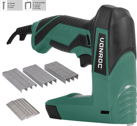 VONROC Elektrische Tacker – Complete set Incl. 900 nieten & 300 spijkers - schietfrequentie: 30/min