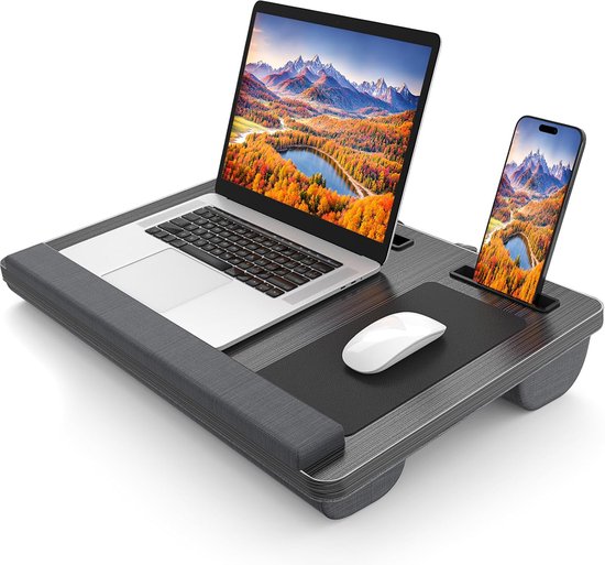 Laptop kussen - Schoot tafel - Verstelbaar - Standaard voor Thuiswerken - Bedtafel - Laptray en Tabletstandaard - Met telefoon standaaard