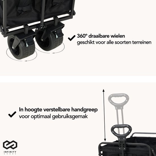 Infinity Goods Bolderkar XL - Opvouwbaar - 180KG Draagkracht - Draaibare Wielen - 95 x 57 x 96 CM - Verstelbaar - Zwart