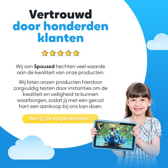 Spoused Kindertablet – 10.1 Inch – Kindertablet vanaf 3 jaar – 64GB – 4GB RAM– 6000 mAh Batterij - Incl. Beschermhoes & Ouder Control app – Blauw