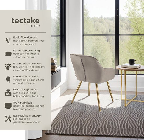 tectake® Fluwelen Stoel – Eetkamerstoel Met Gewatteerde Fluwelen Stof, Moderne Keukenstoelen, Comfortabele Fauteuil Voor Woonkamer, Eetkamer, Lounge – taupe / goud