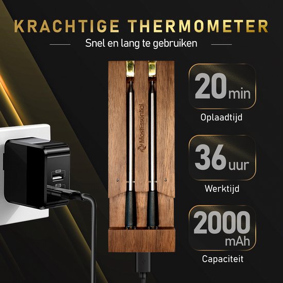 MostEssential Smart Vleesthermometer - 80M Bereik - 36 Uur - Bluetooth 5.2 - 2000mAh - Double Probe Dark Brown Edition