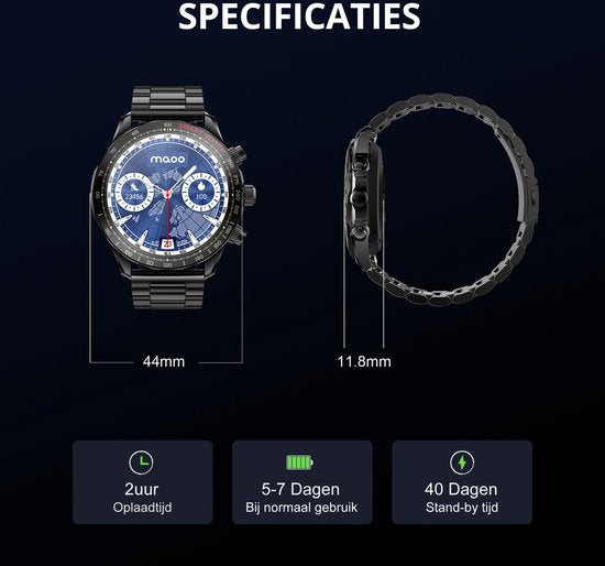 Maoo Titan AMOLED Smartwatch Heren – 45 mm – Stainless Steel & 2 TPU Bandjes – Multisport – Hartslagmeter, Slaapmonitor & Stappenteller – iOS/Android – Zwart