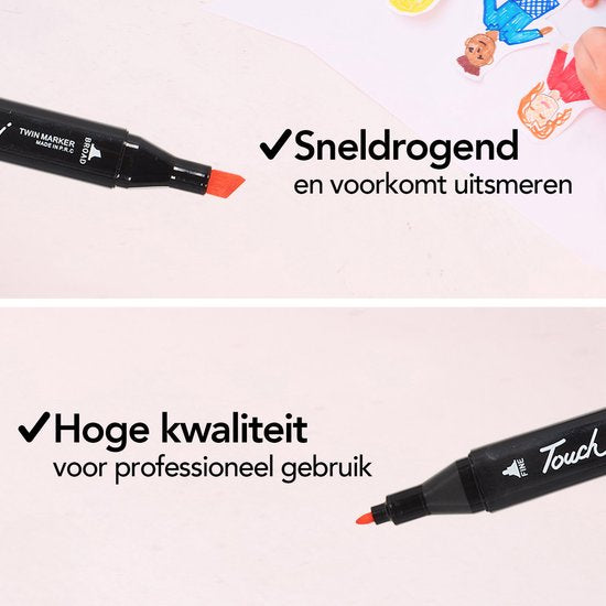 Brixy Twinmarkers 264 Stuks - Professionele Alcohol Markers - Dubbelzijdige Tip - Stiften - Opbergtas Met Houder