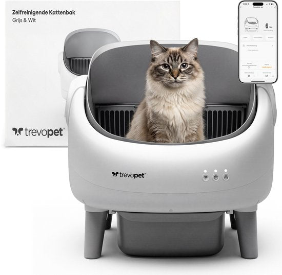 TrevoPet® Air - Automatische Kattenbak met App - Zelfreinigend & Veilig - Voor Katten tot 12KG - Incl. Mat, 60 Afvalzakjes & Accessoires - 10L Afvalbak - Wit & Grijs