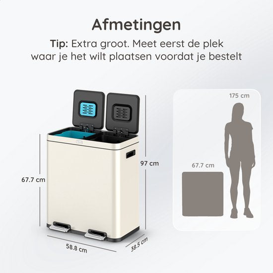 Deleca Recycle Prullenbak met 2 Vakken - 60 Liter (2x30) Afvalbak - Afvalscheiding / Statiegeld container / Pedaalemmer - Vuilnisbak met FreshAura Geurbestrijding - Slow Close - RVS Crème Wit