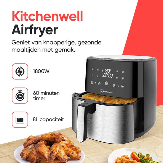 Kitchenwell AirFryer - Heteluchtfriteuse - 8L Inhoud - 80-200℃ - Timer - 1800W - Zwart