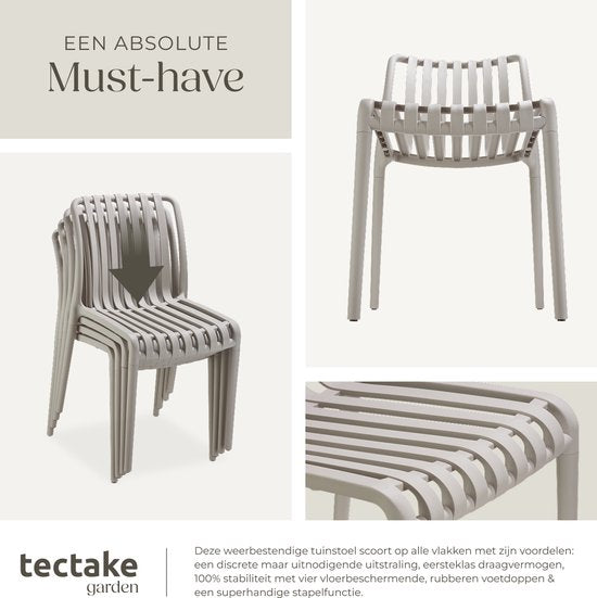 tectake® Set van 2 Tuinstoelen Alcudia - Taupe - Kunststof Stoelen - Stapelbaar - Stoelen voor Tuin, Terras of Balkon - Weerbestendig en UV-bestendig - Draagkracht 120kg per Tuinstoel