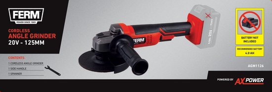 FERM - AX-POWER - AGM1126 - Accu - Haakse slijper - 125 mm - 20Volt - 8000t/min - Softgrip - Zijhandgreep op twee plaatsen - Verstelbare beschermkap - Veiligheidsschakelaar - Zonder accu en zonder lader - Geschikt voor AX en FX accu platform