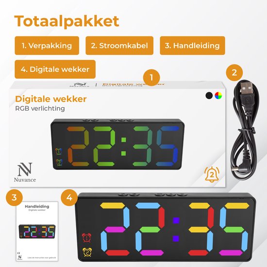 Nuvance Digitale Wekker - Digitale Klok - Wekkers voor Kinderen & Volwassenen - Reiswekker - Slaapkamer - Led Wekkers Digitaal - Zwart RGB