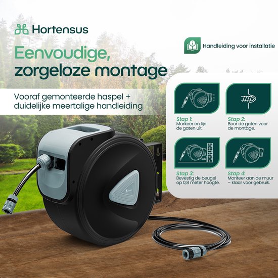 Hortensus Tuinslang Haspel 15m – Wandslangbox Automatisch – Tuinslanghaspel met Muurbevestiging – Knikvrije Tuinslang – Compacte Wandslanghouder voor Elke Tuin