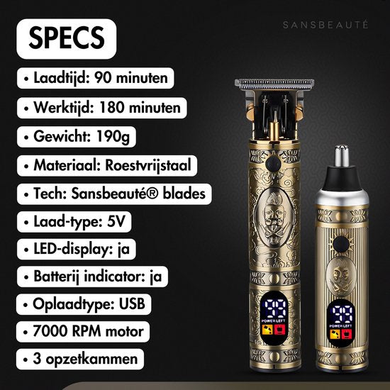 Professionele Draadloze T-blade Tondeuse + Neustrimmer - Sansbeauté® Buddha Trimmer - Baardtrimmer - Tondeuse Mannen Hoofdhaar - Cheveux Haar - Haartrimmer - Kapper Haar Machine - Haartondeuse - Barber Hair Clipper - Kappersset