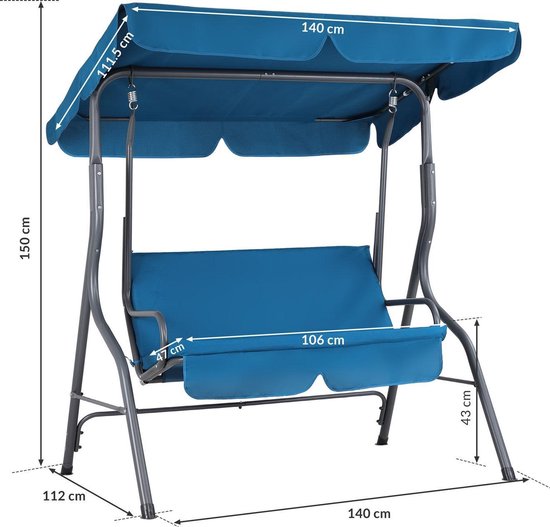 Casaria Hollywood Schommel – 2 Zits Weerbestendig 200kg – Blauw