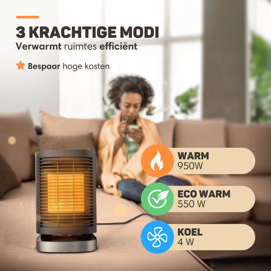 Vulpes Goods® Tech - Elektrische Kachel - Elektrische Verwarming voor Binnen - Ventilatorkachel - Keramische Kachel - Heater - 3 Standen - 950W - LED Indicatie - Roterend - Zwart - PRO versie