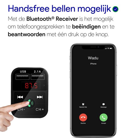 WADU Bluetooth FM Transmitter - Bluetooth ontvanger voor in de auto - USB - Handsfree carkit