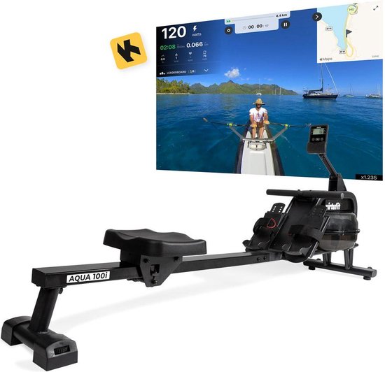 VirtuFit AQUA100i Roeitrainer met Waterweerstand – Enkele Rail – Incl. Display, Tablethouder en Transportwielen – Kinomap & Fitshow – Max. 120 kg en 200 cm – Roeiapparaat – Roeimachine