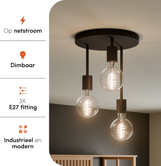 Nolt Plafondlamp - Plafonniere - 3x E27 Lamp - Industrieel - ⌀ 28cm - Zwart