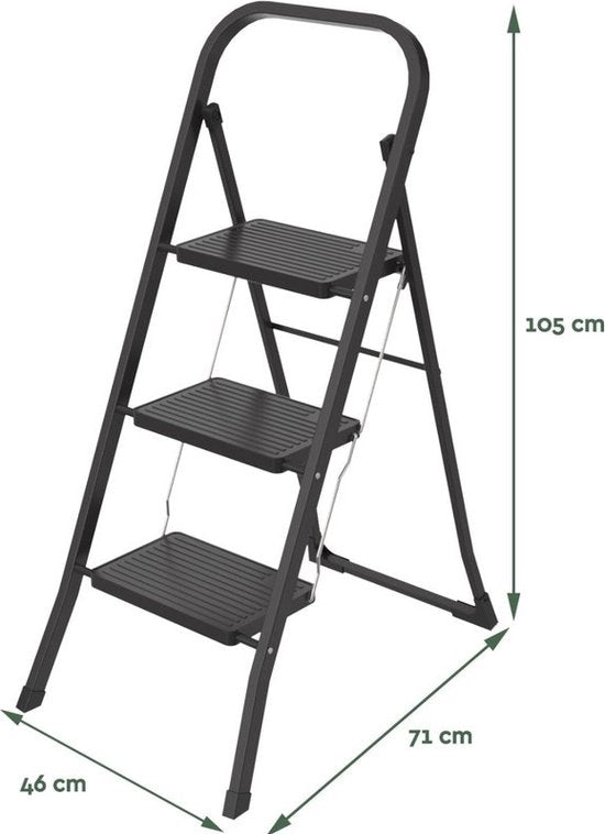 BRASQ Huishoudtrap 3-treden Zwart - keukentrap inklapbaar metaal voor Particulier en professioneel gebruik - Trap Ladder - Anti slip