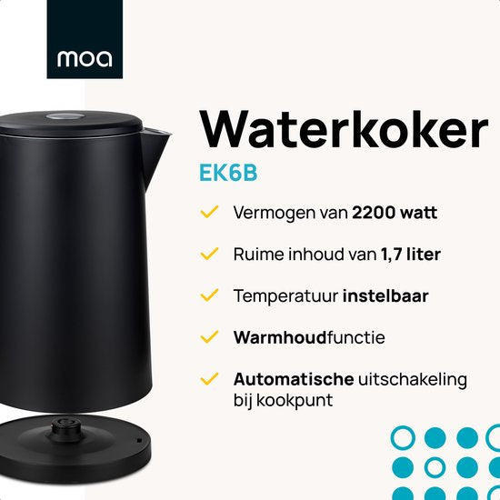 MOA Waterkoker met Temperatuurregeling - 1,7 Liter - Dubbelwandig - Warmhoudfunctie - Elektrische Waterkoker - 2200W - Zwart