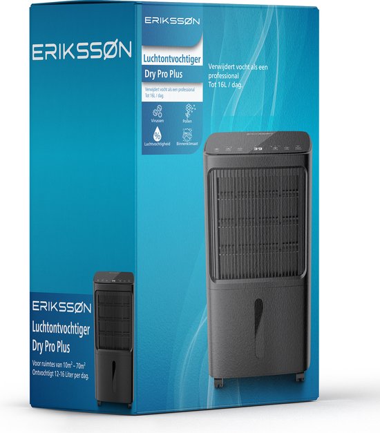 Erikssøn Luchtontvochtiger – 16L/Dag, Ingebouwde Hygrometer, 185W – 27,5 x 19,5 x 44 cm – Zwart