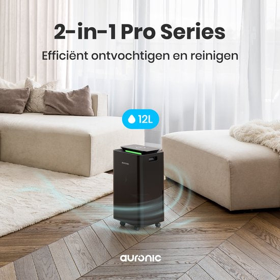 Auronic Luchtontvochtiger en Luchtreiniger - Pro Series - 12L per dag - Was-droog functie - Slaapkamer, Badkamer en Woonkamer - Vochtvreter voor in Huis - Zwart