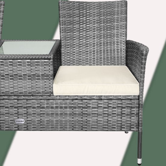 Casaria Polyrattan Tuinbank - Incl. Tafel & Kussens 7 cm - Grijs