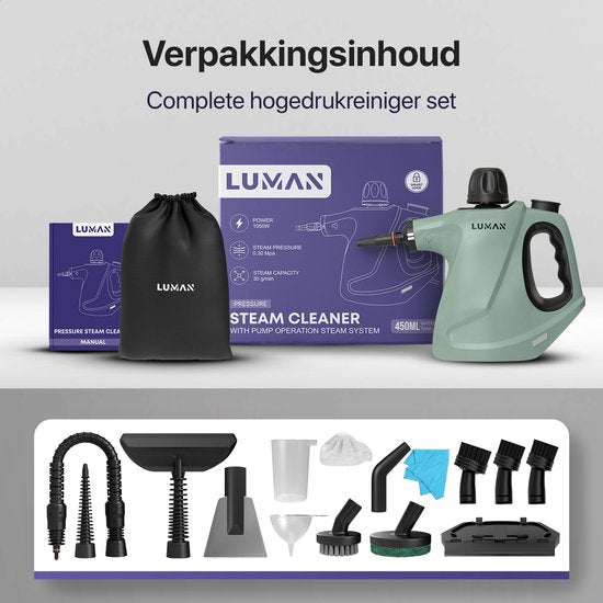 LUMAN 16 in 1 Stoomreiniger C3 - Steam Lock Functie - Handstoomreiniger - Handstomer - Vlekkenreiniger - Tapijtreiniger - Incl. Opbergtas en 16 Opzetstukken - 1050 Watt - 450 ML - Groen