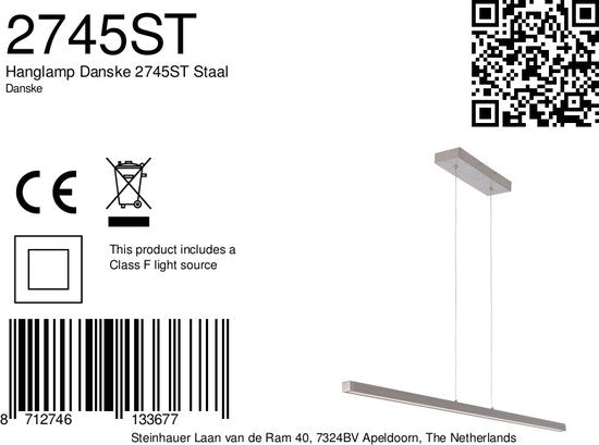 Minimalistische stalen hanglamp Danske 2745ST - 114 cm, uitschuifbaar, in hoogte verstelbaar - Mexlite