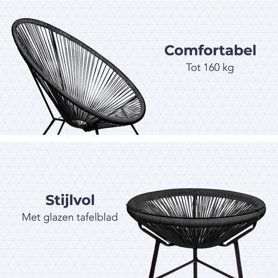 LifeGoods Acapulco Bistroset - 3-Delig - Tuinset met Bijzettafel - Zwart