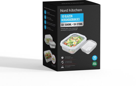 Nord Kitchen Vershoudbakjes Set - met Glazen Stoom Deksel - Meal Prep Bakjes - Diepvriesbakjes Volledig Glas - Luchtdicht - 10 Stuks - 1040 ML + 370ML