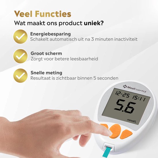 MostEssential Premium Glucosemeter Startpakket - Bloedsuikermeter - Bloedglucosemeter - Diabetes Meter - Alles in één set - Inclusief Opbergtas, Prikpen, 10 Teststrips & 10 Lancetten