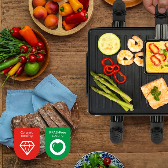 Bourgini Gourmette Raclette Pure - Gourmetstel met omkeerbare Grill & Bakplaat - Raclette 8 personen - 21x42 cm - PFAS-vrije coating - Regelbare thermostaat - incl. 8 spatels en pannetjes
