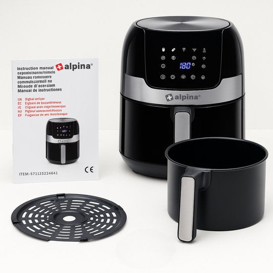 alpina Airfryer 4.5L- Heteluchtfriteuse voor 2 tot 4 Personen - Air Fryer met Instelbare Temperatuur van 80°C tot 200°C - Timer tot 60 Minuten - Hetelucht Friteuse 1400W - Zwart