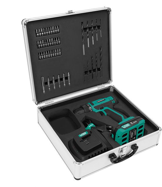 VONROC Accuboormachine 20V – 19 schroefstanden + boorstand - Incl. 2.0Ah accu, snellader en 46 accessoires in luxe koffer