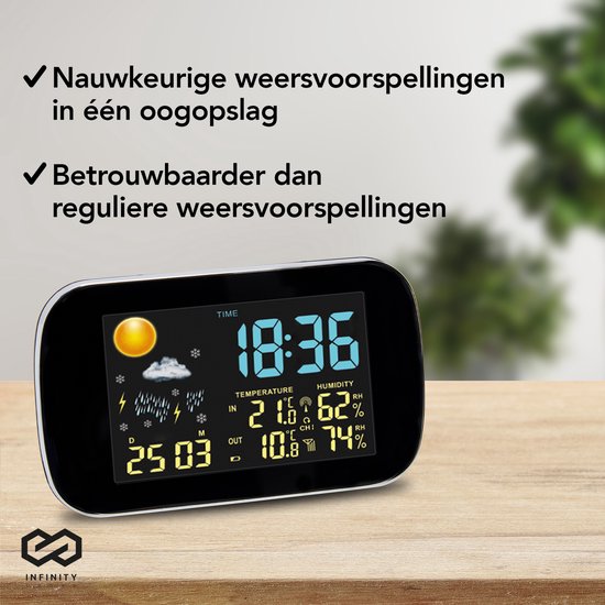 Infinity Goods Weerstation - Weersverwachting - Hygrometer - Binnen en Buiten - Temperatuur - Luchtvochtigheid - Draadloze Buitensensor - 100M bereik - Zwart