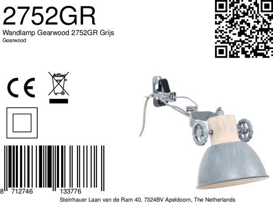 Klemspot en wandlamp Gearwood 2752GR Grijs E27 fitting - Hout en metaal, trendy design, draaibaar en kantelbaar, geschikt voor binnengebruik - Mexlite