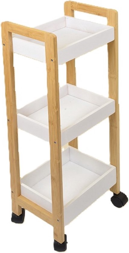 Ceruzo Opbergtrolley - Verrijdbaar Keukenrek - 3 etages-Bamboe en MDF -incl. wielen 29x20xH80 cm