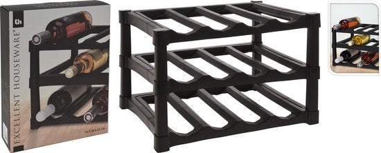 Excellent Houseware Wijnrek / flessenrek - Zwart - Kunststof - 39 x 30 x 25 cm - voor 12x flessen