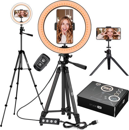 Studio ME Ringlamp met Statief 10 inch - Zwart - Ring Light - 30 Lichtstanden - Incl. Afstandsbediening & Mini Tripod - Ringlight - Ringlampen