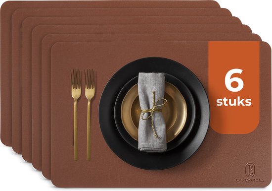 Castagnola Lederlook Placemats - Antislip Placemat van Kunstleer - Waterafstotende Onderlegger - Onderzetter - 6 Stuks - 45 x 30 cm - Bruin