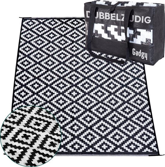 Gadgy Buitenkleed Vloerkleed Buiten XXL - 270x200 cm - Tuintapijt Dubbelzijdig - Picknickkleed Zwart Wit - Buitentapijt
