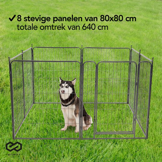 Infinity Goods Hondenren - Puppyren - 8 Panelen - 80 x 80 CM - 640 CM Omtrek - Opvouwbaar - Met Deur - Staal - Zwart