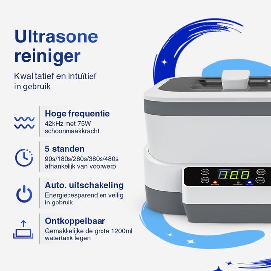 Samako Ultrasoon Reiniger PowerWave - Reinigingsapparaat - Ultrasoonbad - Brillen - Sieraden - Horloge - Make-up kwast - 1200 ml