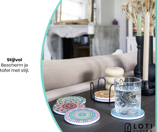Loti Living Onderzetters met Houder – Onderzetters Design - Onderzetters Kurk – Onderzetters set - Onderzetters Voor Glazen – 6 stuks – Mandala Design