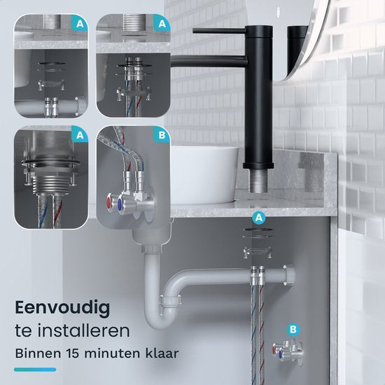 Mirlux Wastafel Kraan Zwart - Wastafel Mengkraan Badkamer - Wastafelkraan - Fonteinkraan / WC Kraan - Kraantje - Koudwaterkraan & Warmwaterkraan - Toiletkraan Koud Water & Warm Water