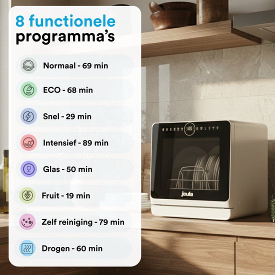 Joula Vrijstaande Mini Vaatwasser met Waterreservoir - 7 Wasprogramma's - 5 Couverts - Kleine Vaatwasser - Smalle Camping Afwasmachine Vrijstaand - 43x43x46 cm - Wit