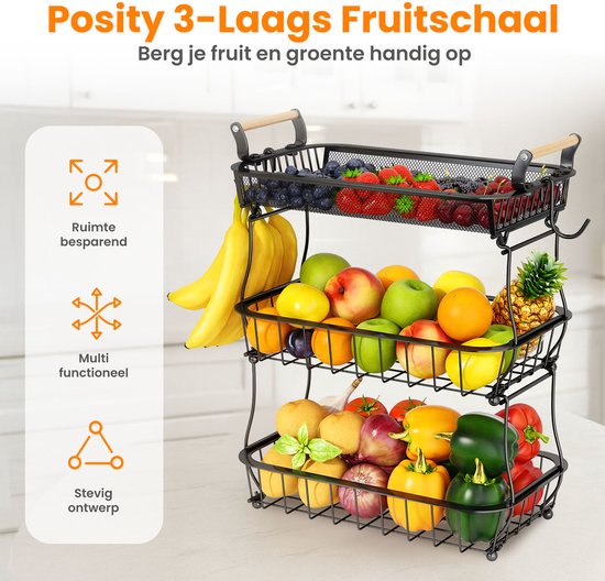 Posity Fruitschaal 3 Laags - Fruitmand - Fruit Etagere - Groentemand - Draadmand - Met bananenhouder - Hout & Metaal - Zwart