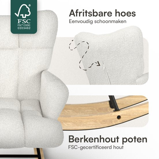 Flowsense Schommelstoel Teddy Wit - Schommelstoel Volwassenen Baby - Voedingsstoel Stoel Babykamer - Fauteuil met Armleuning Design - Relaxstoel - Relaxfauteuil
